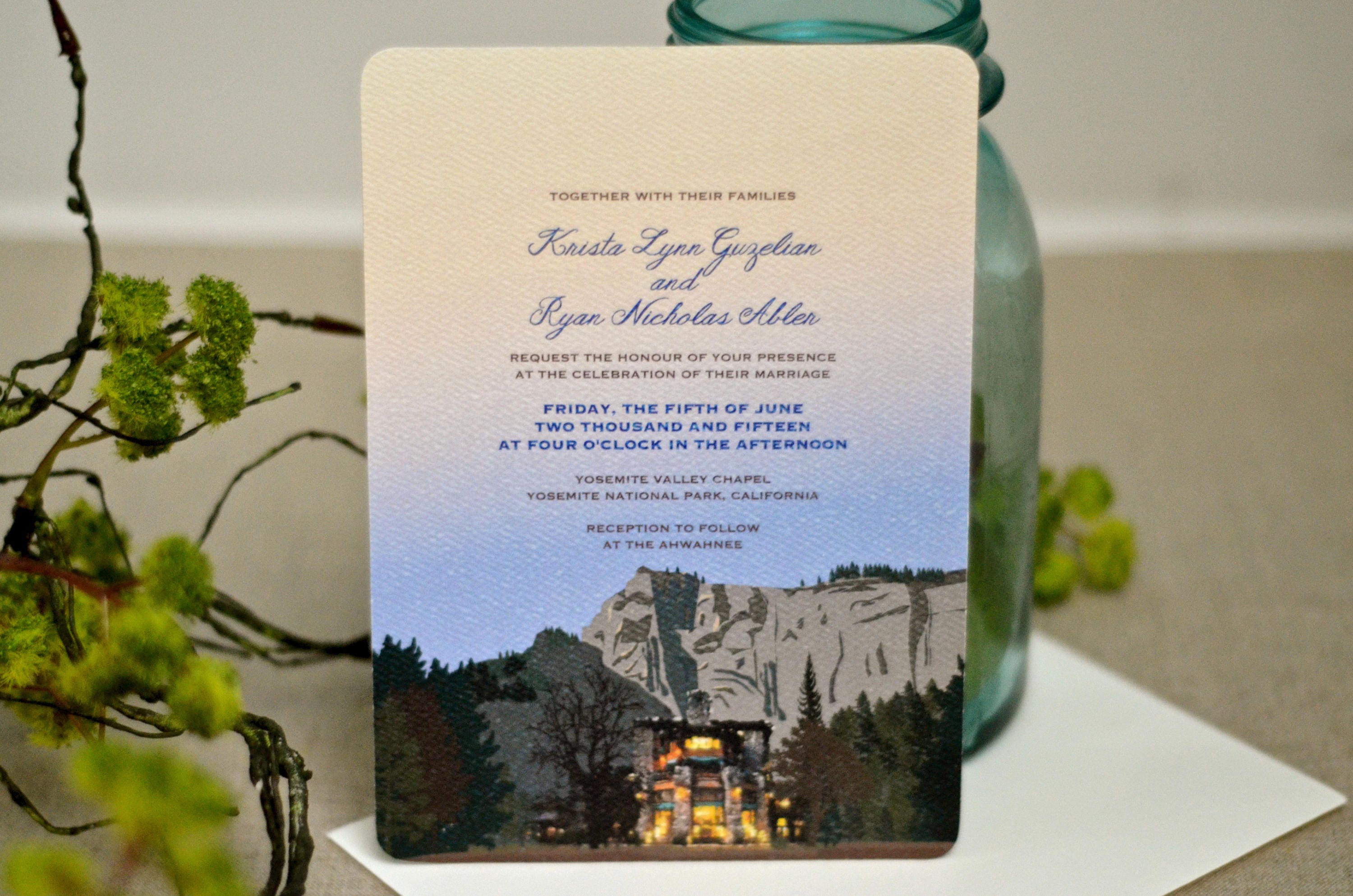 Yosemite Valley Chapel National Park // 5x7 Wedding Ceremony Invitation with Envelope // Illustrated Landscape // BP1