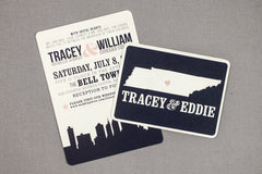Hatch Show Navy and Blush Pink Nashville Skyline with Tennessee State Outline 5x7 Wedding Invitation with RSVP Postcard