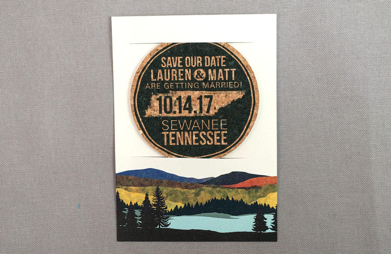 Fall Tennessee Rolling Hills Cork Coaster Save the Date with Envelope // Appalachian Mountains Wedding Coaster Save the Date