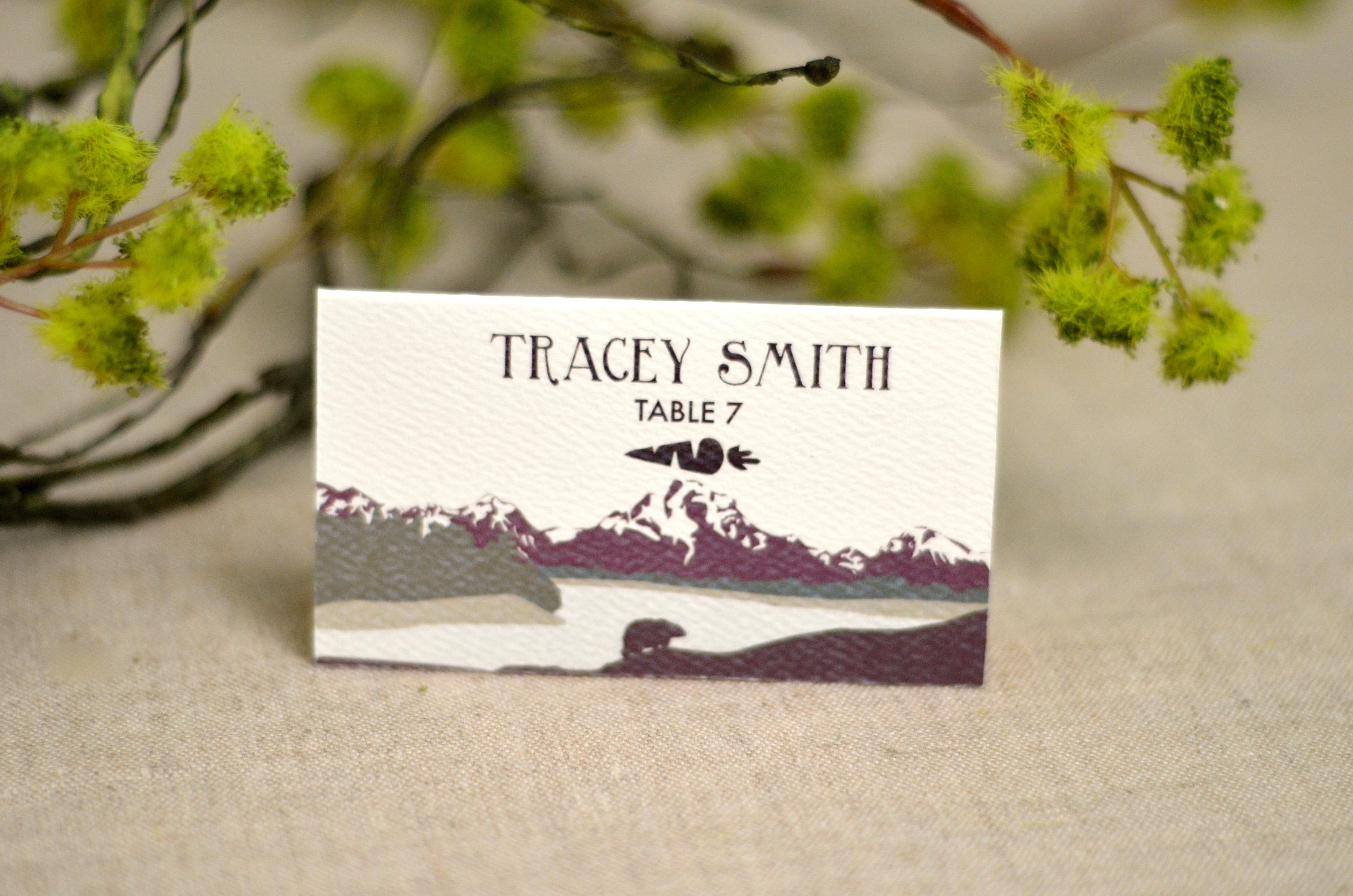 Teton Wedding Escort/Seating Cards/Tented cards with Mountain and Bear (Purple and Green) // Wedding Reception // BP1