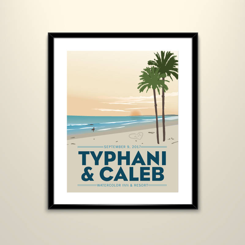 11x14 Santa Rosa Beach Florida with Palm Trees Wedding Poster personalized with Names and date (frame not included)