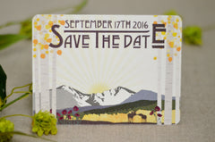 Colorado Mountain Landscape Invitation // Longs Peak Purple Poppy Birch trees Invitation // Aspen Save The Date Postcard