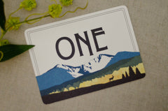 Colorado Mountain Landscape Table Number for Wedding Reception // Longs Peak Yellow Blue Green