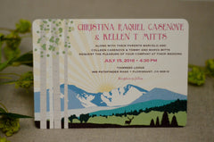 Colorado Mountain Landscape 5x7 Wedding Invitation Postcard // Longs Peak Pink Blue Green Birch trees with Sunrise // BP1