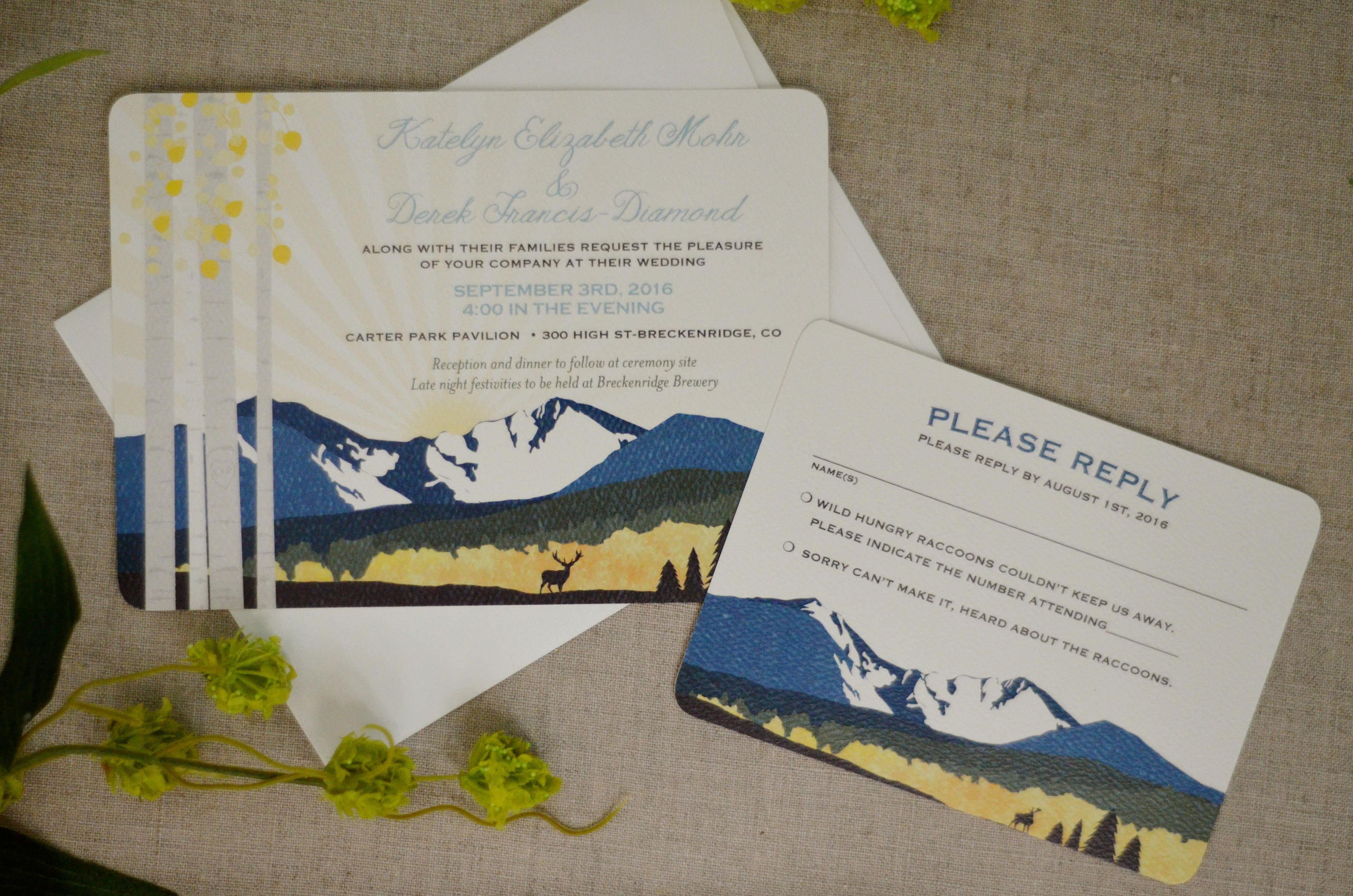 Colorado Mountain Landscape 5x7 Wedding Invitation with Envelope and RSVP Postcard // Longs Peak Birch Trees with Deer // BP1