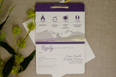Colorado Mountain Landscape Grand Livret 2pg Wedding Invitation with Envelope and RSVP Postcard // Longs Peak Purple Yellow and Green