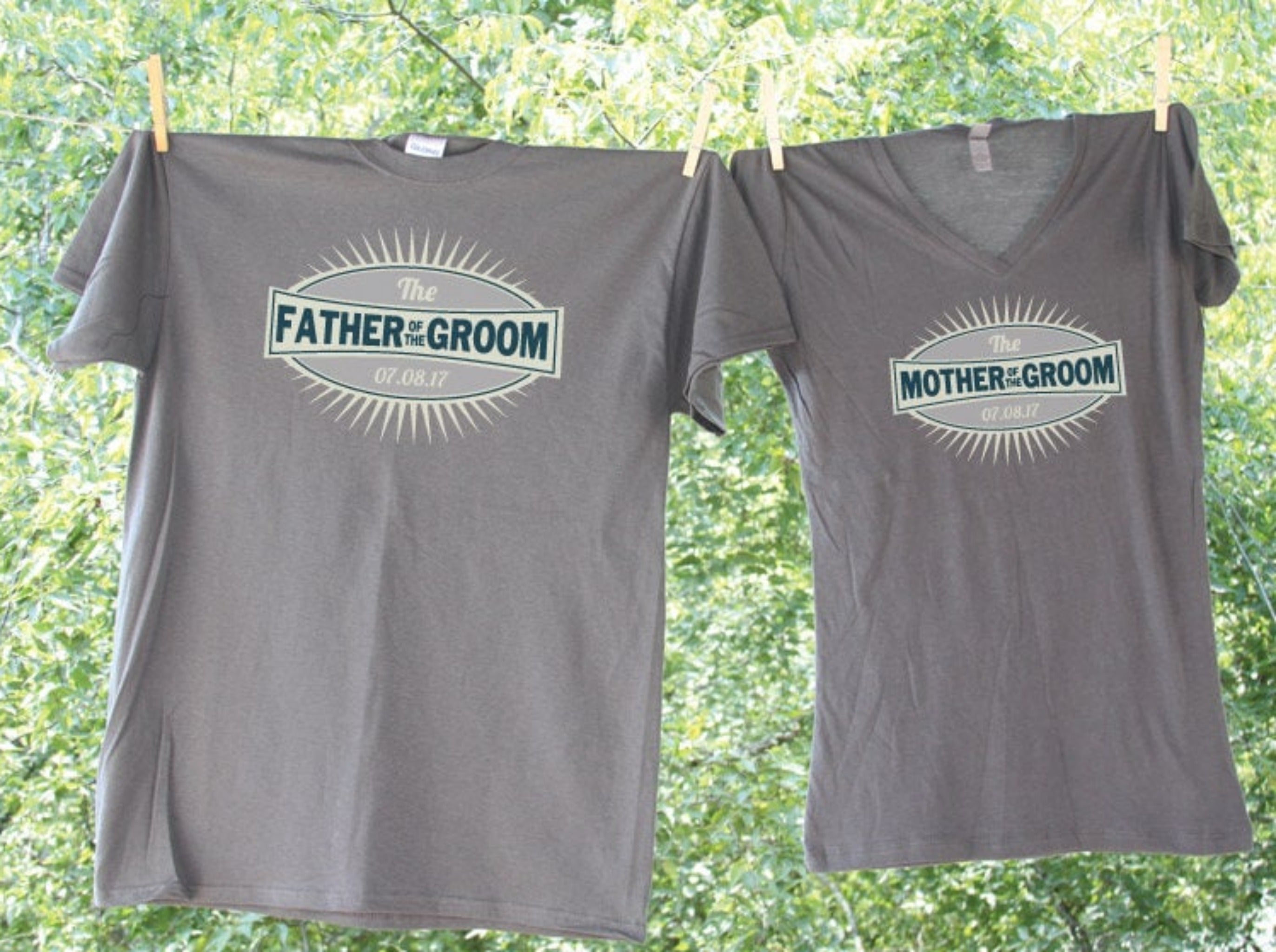 Father and Mother of the Groom Grey Emblem Shirt Set with date- two shirts