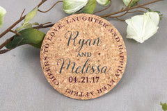 Love Laughter and Happily Ever After Personalized Cork Coaster Wedding Favors for Guests