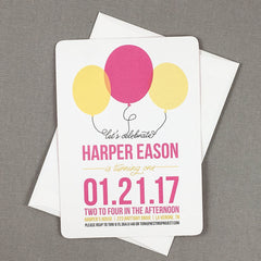 Pink and Yellow Modern Balloon First Birthday Party Invitation with Envelopes or DIY Printable Balloon 1st Birthday Invite