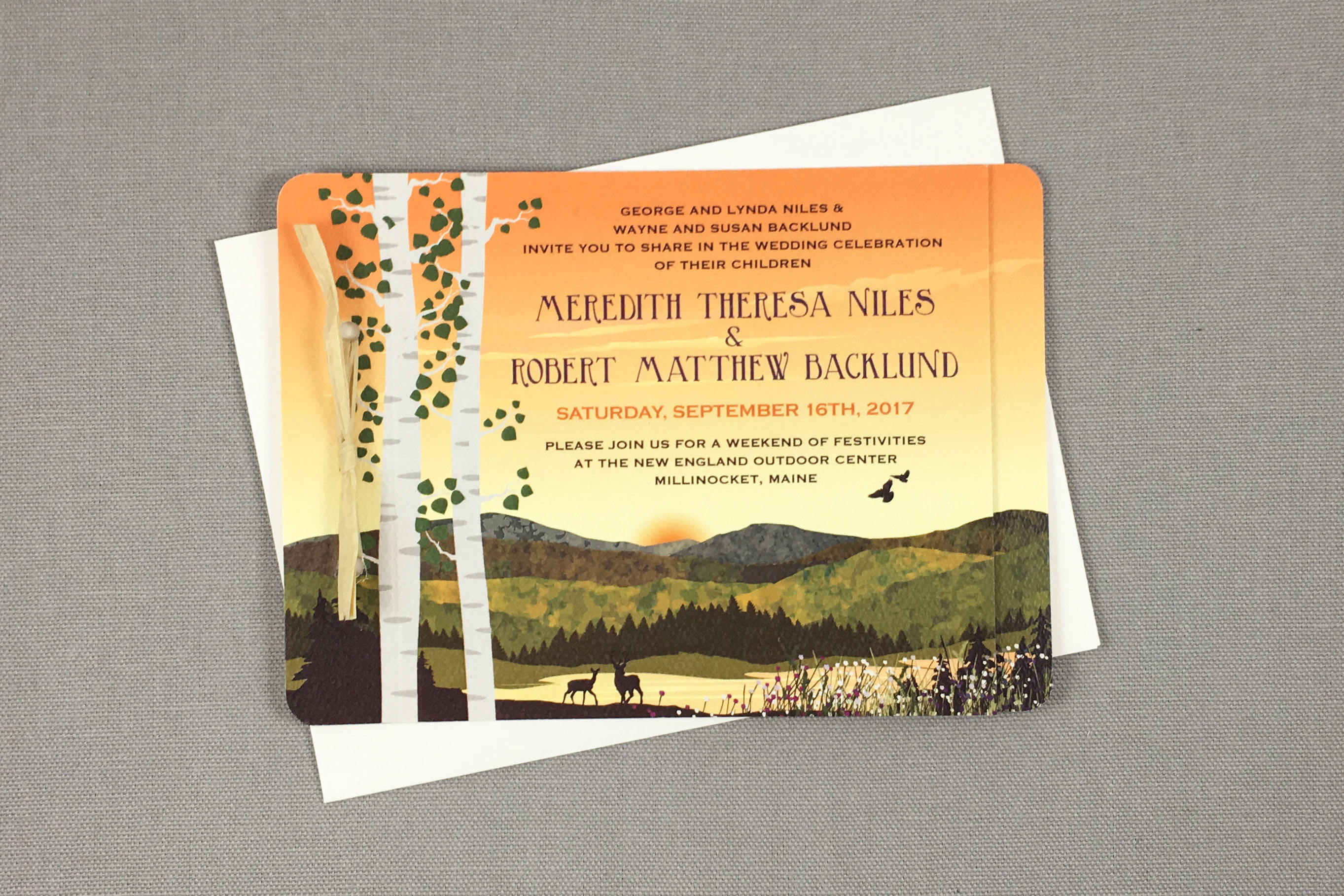 Fall Appalachian Mountains Wedding Invitation - Sunset with Wildflowers 2pg Booklet Wedding Invitation with Tear-off RSVP Postcard
