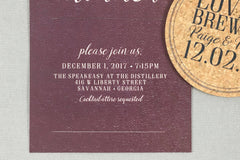 Love is Brewing Cork Coaster Rehearsal Dinner Invitation // Distillery Rehearsal Dinner Invitation with Cork Coaster