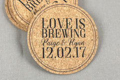 Love is Brewing Cork Coaster Wedding Favors for Guests // Distillery Wedding Favors - Personalize with Names and Date