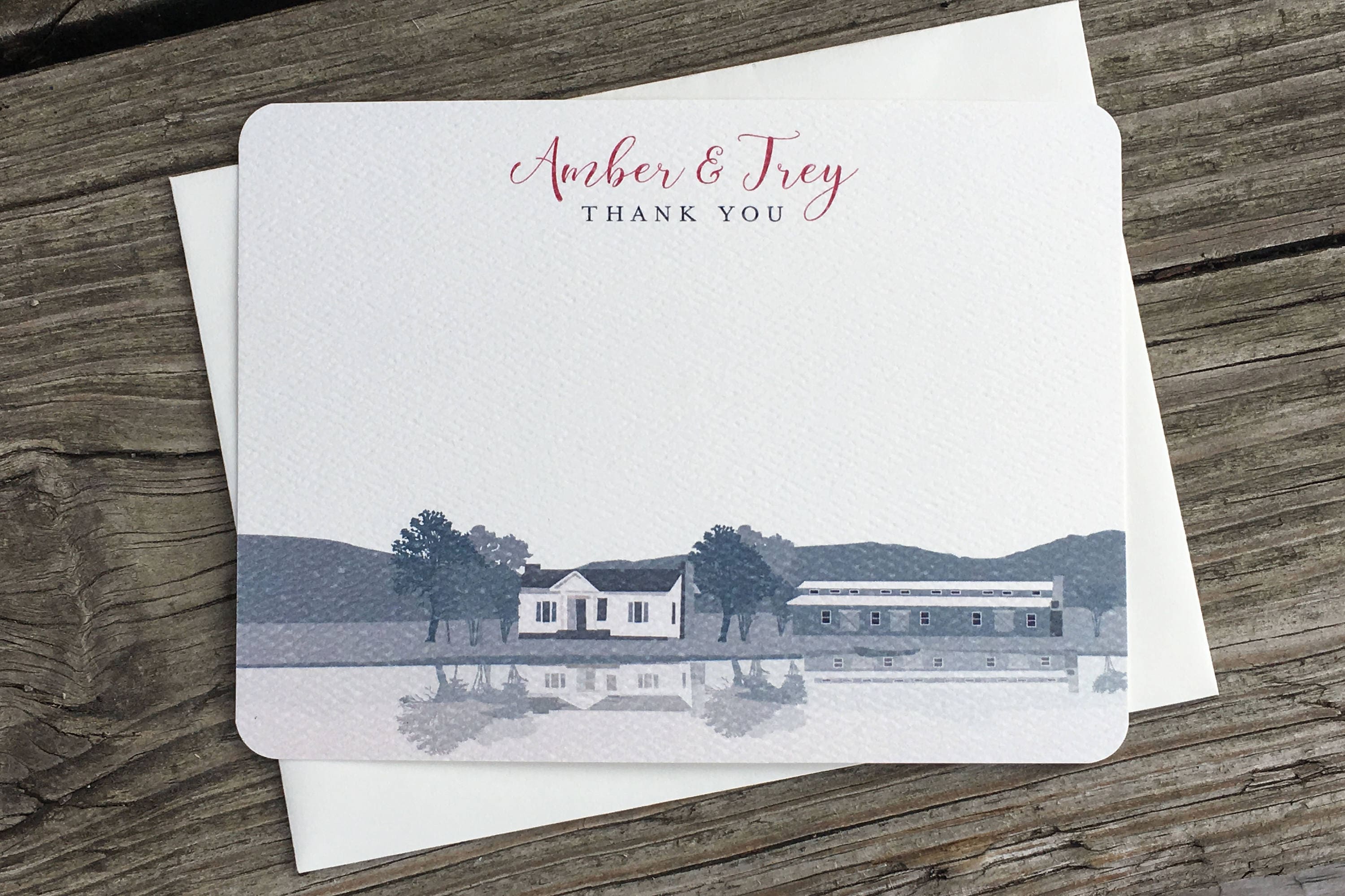 Battle Mountain Farm with Lake Wedding Thank You Notecard / Personalize with Bride and Groom Names - TE1