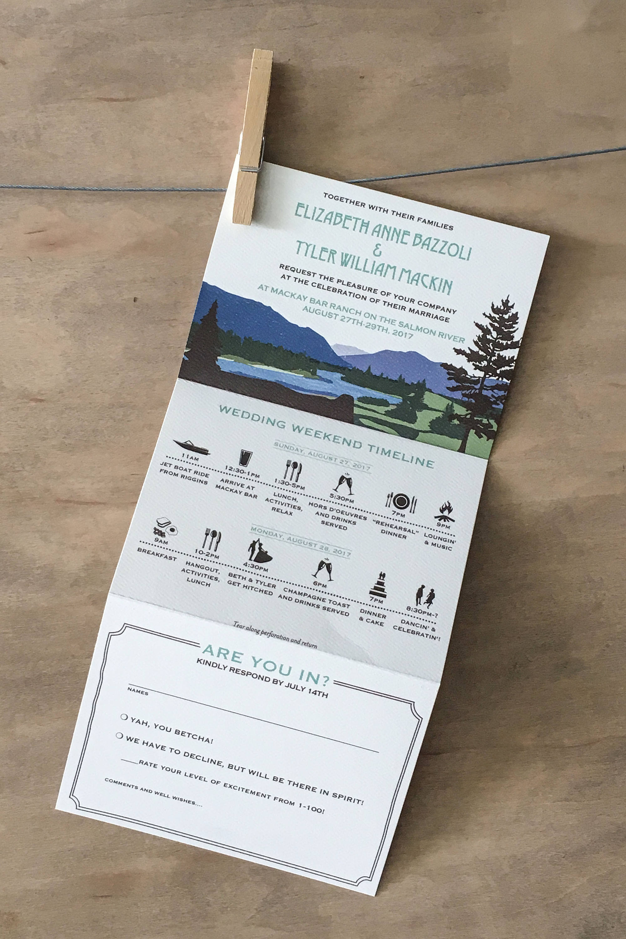 Montana Mountains with River Rustic Trifold with RSVP Postcard and Wedding Weekend Timeline