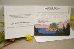 Lake Tahoe Wedding Invitation Landscape with Fannette Island, 3pg Livret Wedding Invitation Booklet Style with Postcard RSVP, Lake Wedding
