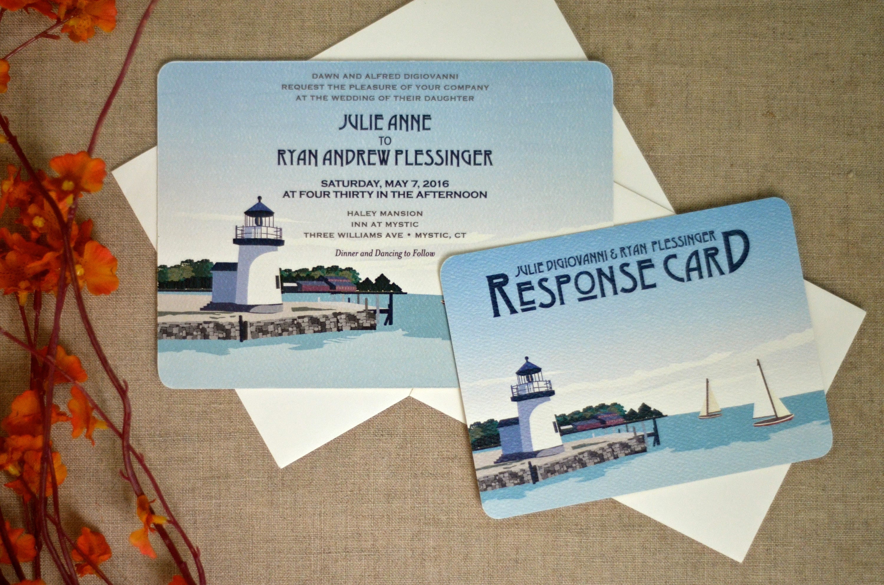 Mystic Connecticut Lighthouse Landscape with Sailboat // 5x7 Wedding Invitation with Envelope and RSVP Reply Card