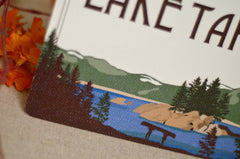 Lake Tahoe Mountain Landscape with Fannette Island // Brown, Blue and Green Snow Cap Mountains // Table Number for Wedding Reception // BP1
