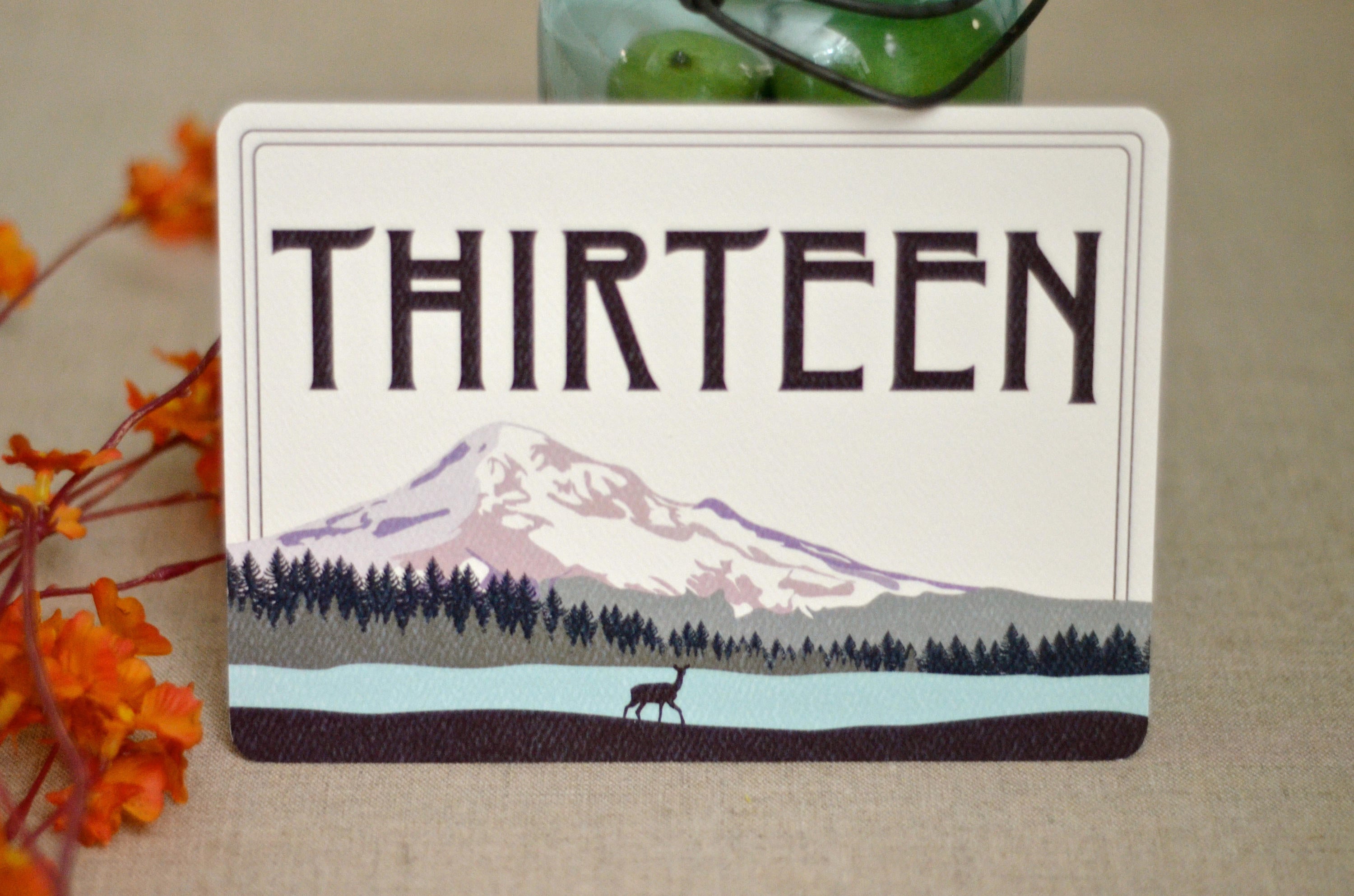 Mt. Hood Oregon Purple Sunset Landscape // Purple and green Snow Cap Mountains // Table Number for Wedding Reception // BP1