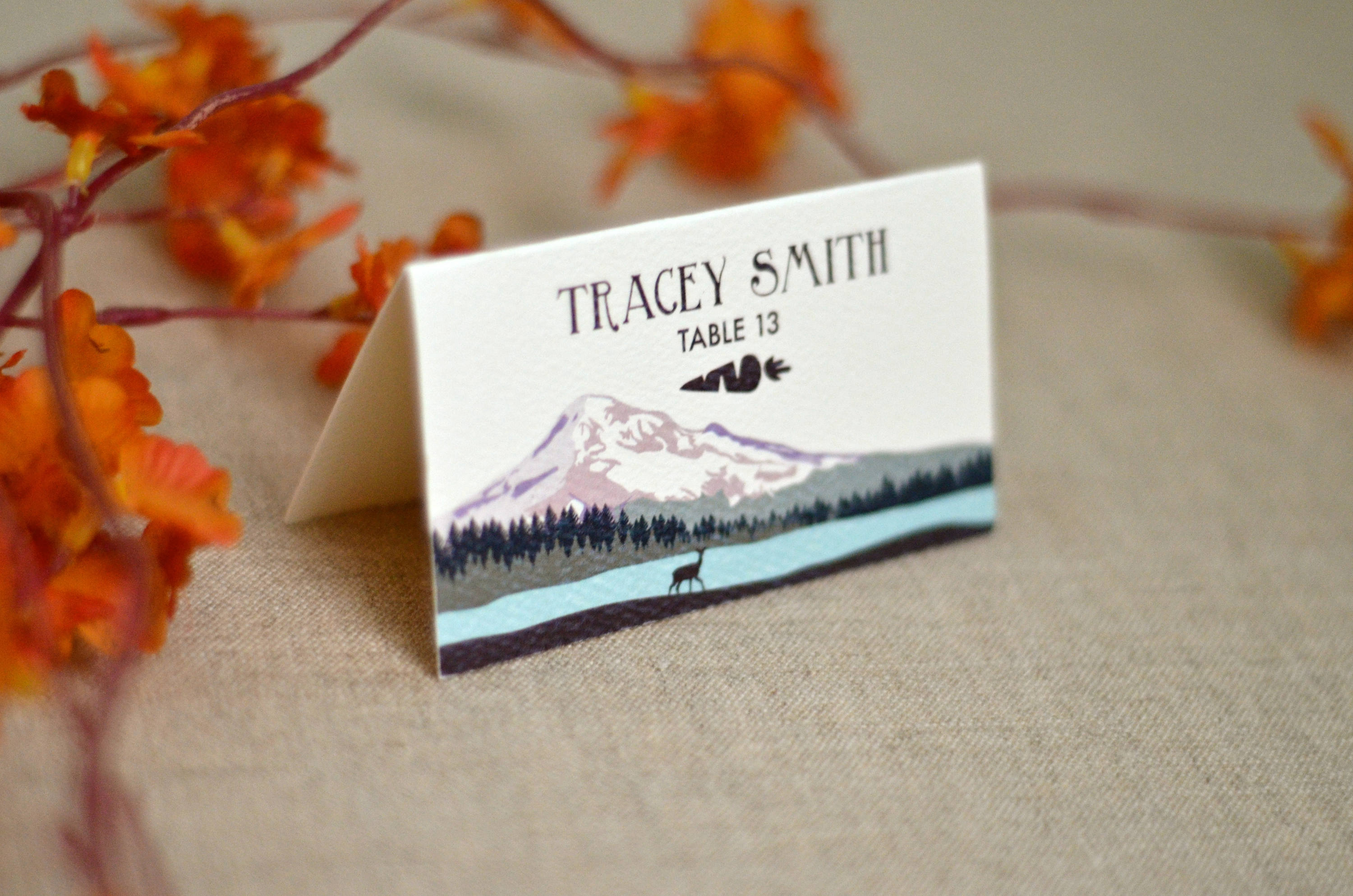 Mt. Hood Oregon Purple Sunset Landscape // Purple and green Snow Cap Mountains //Escort/Seating Cards/Tented cards