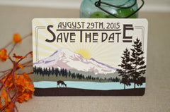 Mt. Hood Oregon Yellow Sunset Landscape // Purple and green Snow Cap Mountains //Wedding Invitation Save The Date Postcard