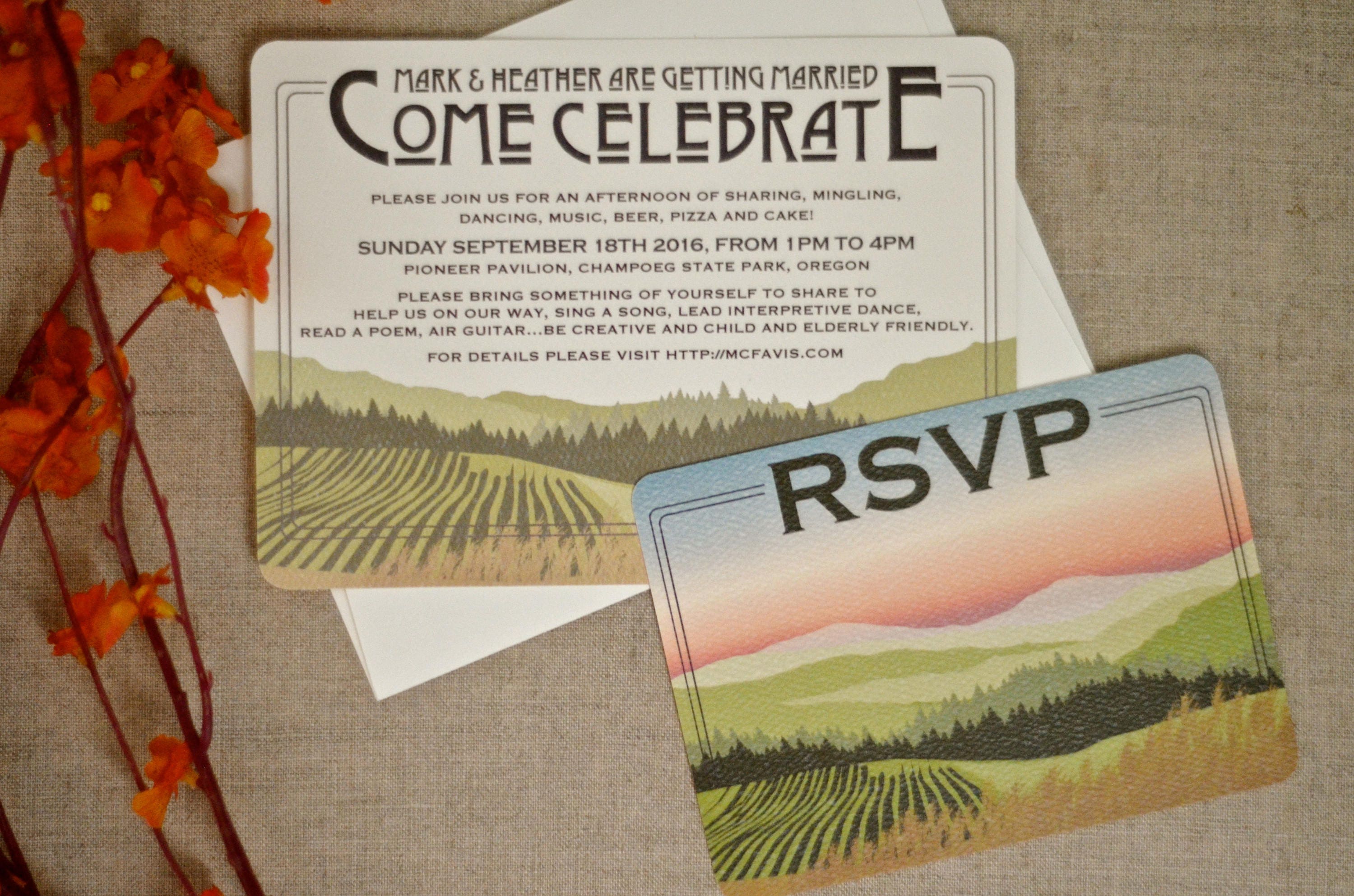 Oregon Vineyard at Sunset // 5x7 Wedding Invitation with Envelope and RSVP Reply Postcard // BP1