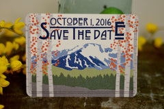 Pikes Peak Colorado Mountains Save The Date Postcard // Orange Blue and Green Landscape