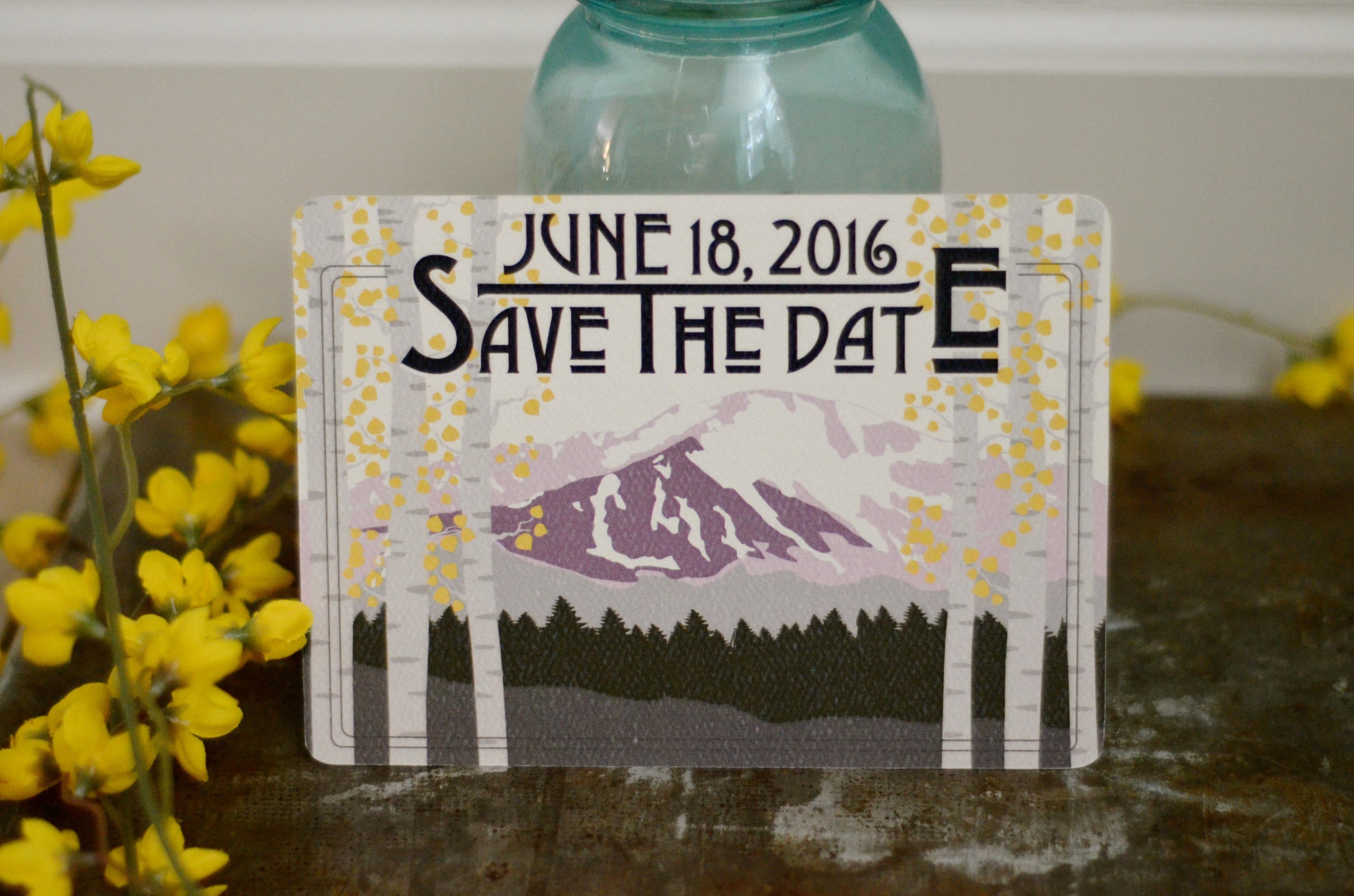 Pikes Peak Colorado Mountains Wedding Save The Date 5x7 Postcard // Purple and Yellow Landscape // BP1