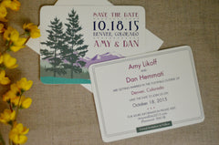 Rocky Mountain Purple and Green Landscape Wedding Save The Dates with Envelope - BP1