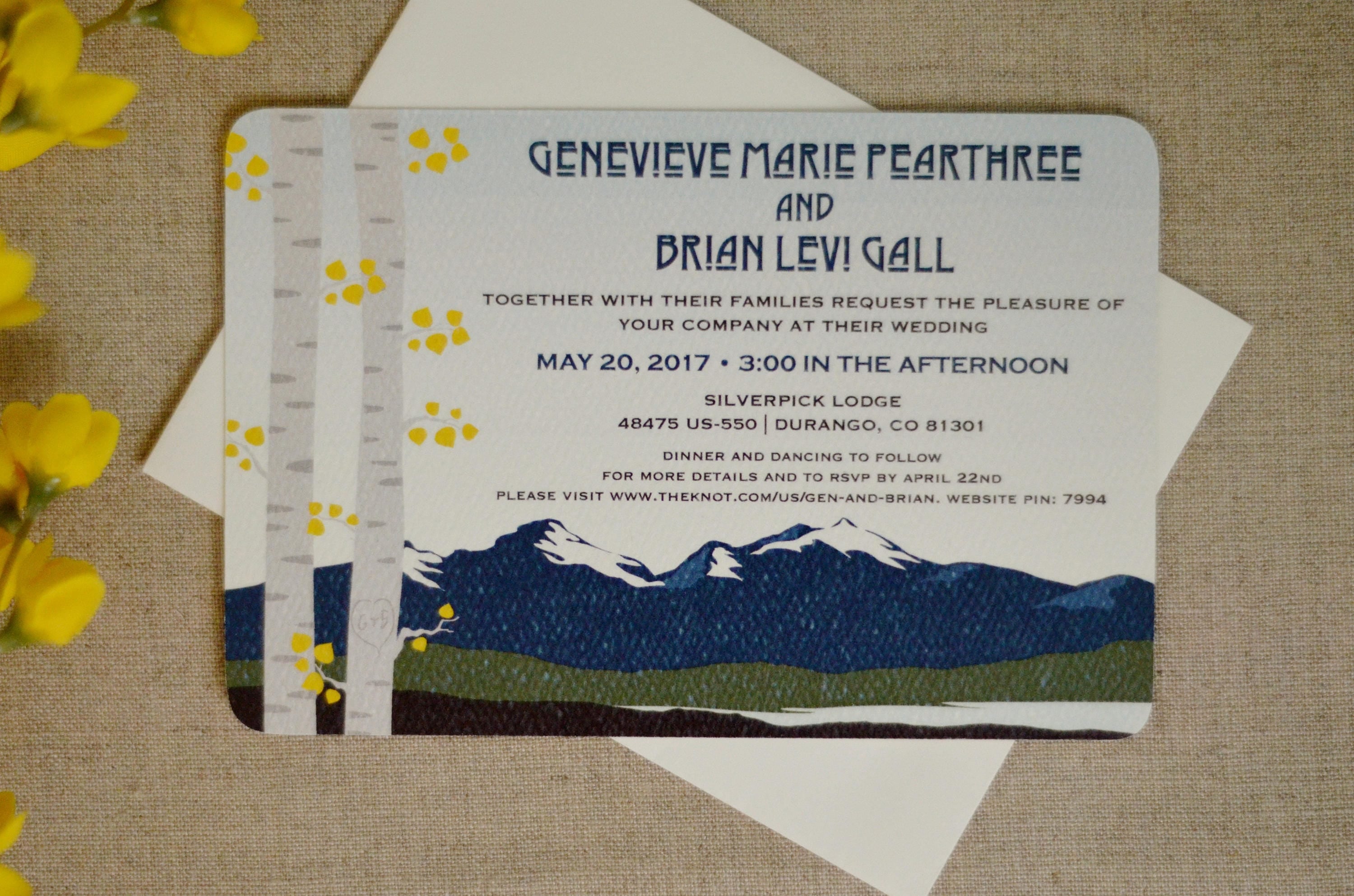 Longs Peak Colorado Mountain with Birch Trees - Navy Blue and yellow Wedding Invitation with Envelope - BP1