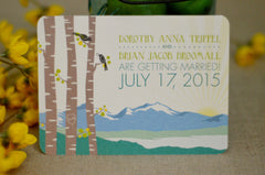 Spring Rocky Mountain Baby Blue and Yellow Bird Landscape - Wedding Save The Date Postcard