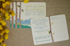 Spring Rocky Mountain Baby Blue and Yellow Bird Landscape - Wedding Save The Date Postcard