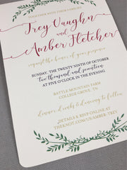Cranberry and Gold Elegant Script with Greenery 5x7 Wedding Invitation with A7 envelope