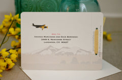 Colorado Landscape Wedding Invitation Livret 3pg Booklet // Rustic Summer Sunrise Birch Tree with Birds Longs Peak Mountain