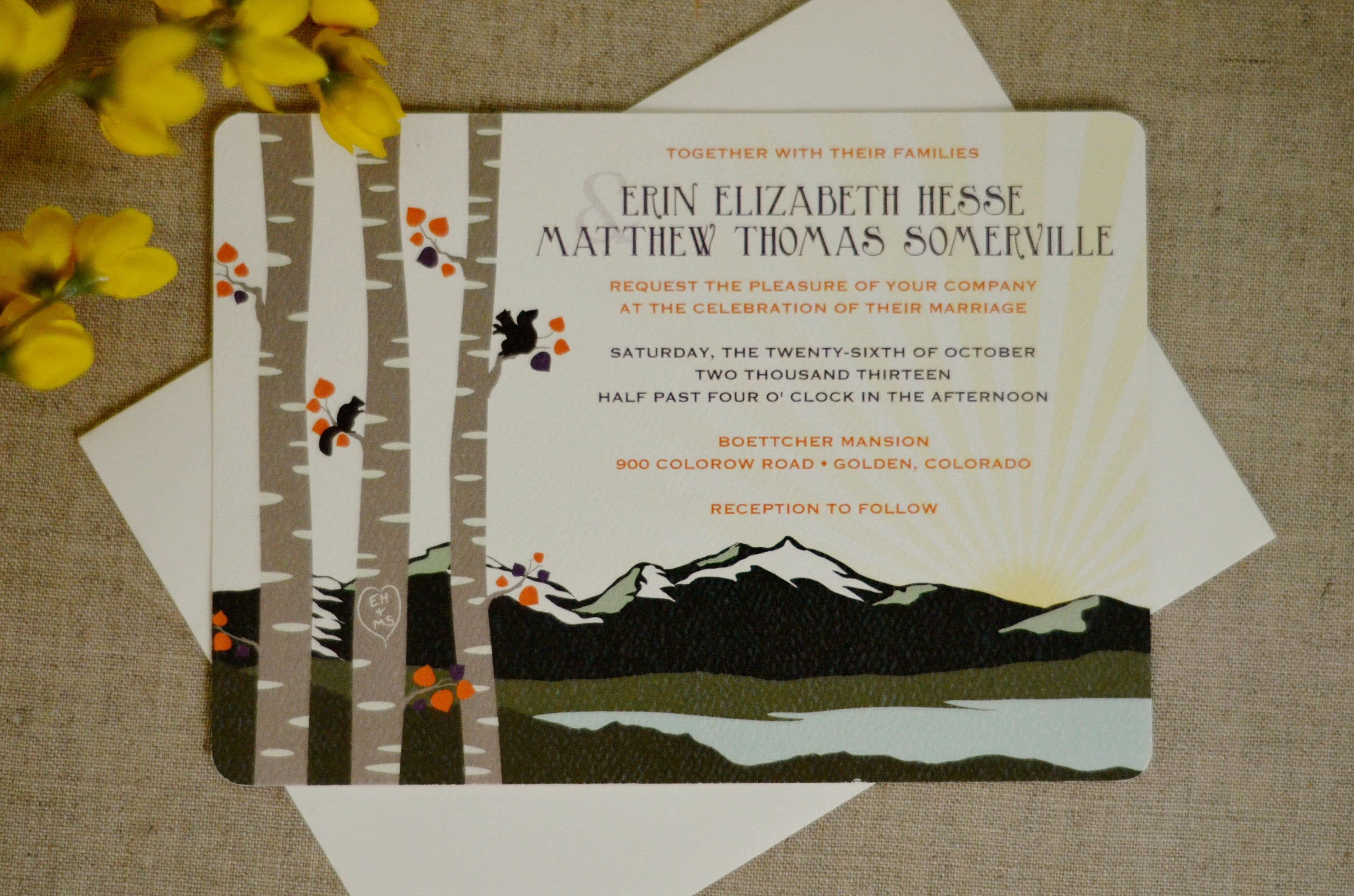 Spring Rocky Mountains with Birch Trees Art Nouveau Brown and Orange 5x7 Wedding Invitation - BP1
