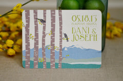 Spring Rocky Mountains with Birch Trees Art Nouveau (Baby Blue & Grass Green) Save The Date Postcard