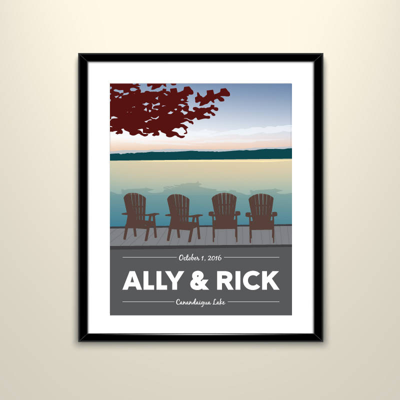 Canandaigua Lake with Adirondack Chairs on Dock at Sunset 11x14 Poster- Wedding Poster personalized with Names and date (frame not included)