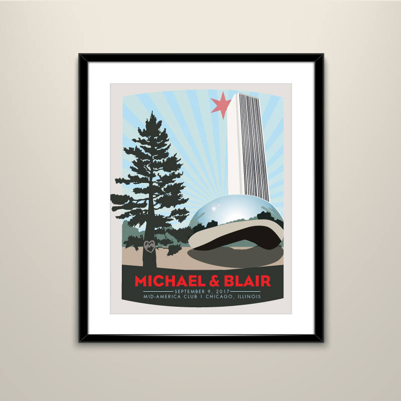 Chicago Bean at Millennium Park 11x14 Vintage Wedding Poster personalized with Names and date (frame not included)