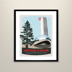 Chicago Bean at Millennium Park 11x14 Vintage Wedding Poster personalized with Names and Date (frame not included)