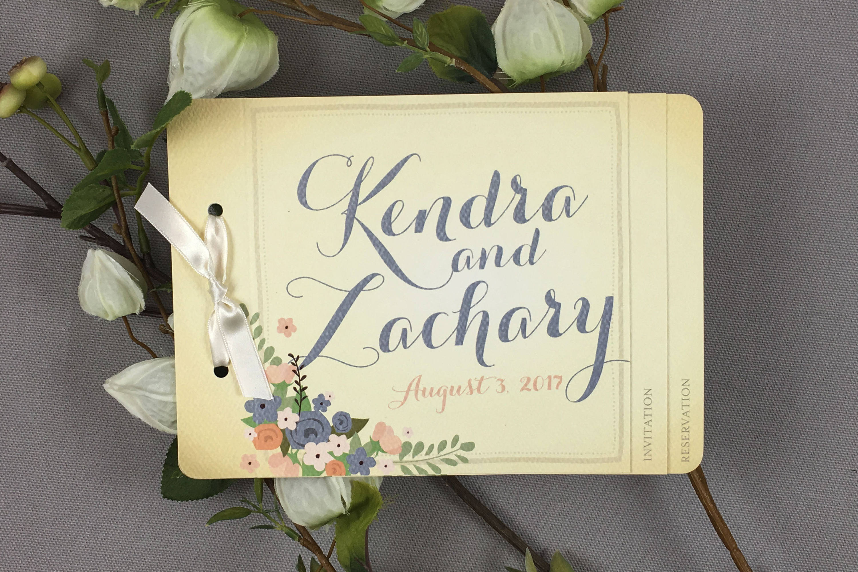Vintage Floral Blush and Smoky Blue 3pg Wedding Invitation Booklet // Booklet Wedding Invite - TE1