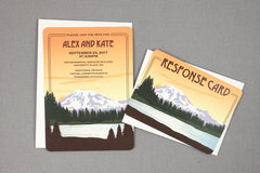 Mt Rainier with Lake at Sunset 5x7 Invitation with RSVP Note card // Washington Mountain Wedding Invitation