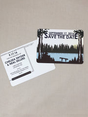Rustic Mountain Lake Save the Date Postcards with Couple and Canoe