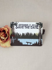 Rustic Mountain Lake Save the Date Postcards with Couple and Canoe