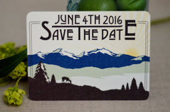 Rocky Mountain Brown and Blue Deer Save The Date Landscape with Sunset - Mountain Save The Date - Craftsman Font Save The Date