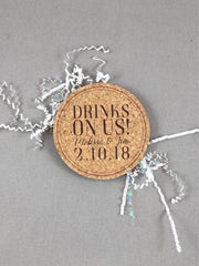 Drinks on Us Grey and Purple Cork Coaster Save the Date with Photograph Includes A7 Envelope