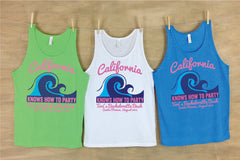 California Knows How To Party Bachelorette Neon Beach Tank Sets - Personalized with name, date and location