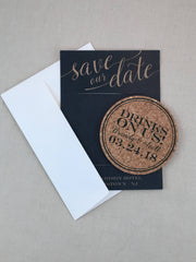 Black Drinks on us Cork Coaster Save the Date with A7 Envelopes