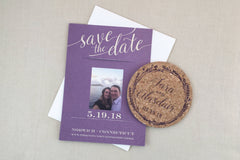 Purple Wreath and Script with Photo Cork Coaster Save the Date and A7 Envelope - TE1