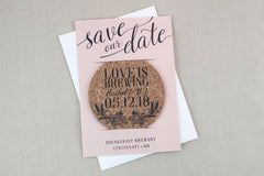 Barley and Hops Wreath Love is Brewing Save the Date Cork Coaster // Blush Pink and Navy Brewery Wedding Save the Date