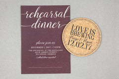 Love is Brewing Cork Coaster Rehearsal Dinner Invitation // Distillery Rehearsal Dinner Invitation with Cork Coaster