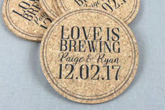 Love is Brewing Cork Coaster Wedding Favors for Guests // Distillery Wedding Favors - Personalize with Names and Date